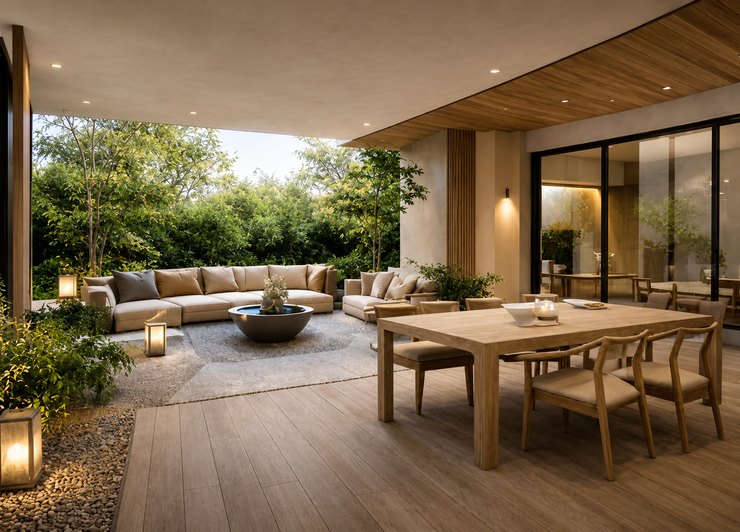 Light-filled open plan kitchen and terrace with pale timber joinery in a duplex in Sydney, Australia