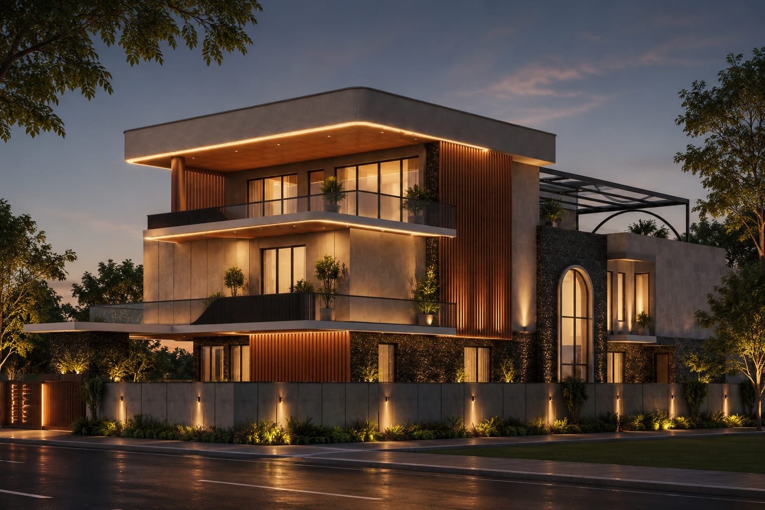 Contemporary residential facade with warm architectural lighting at dusk in Delhi NCR