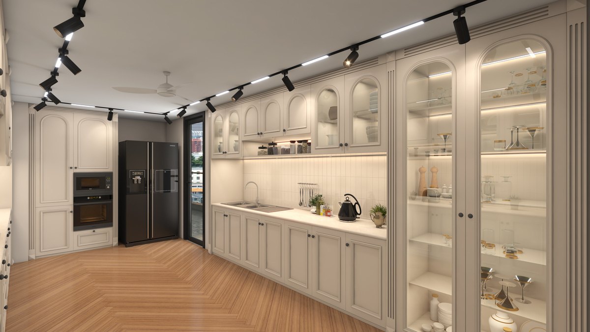 Double-height living room with bespoke joinery and sculptural pendant lighting at a 13,000 sq ft penthouse at M3M, Gurgaon