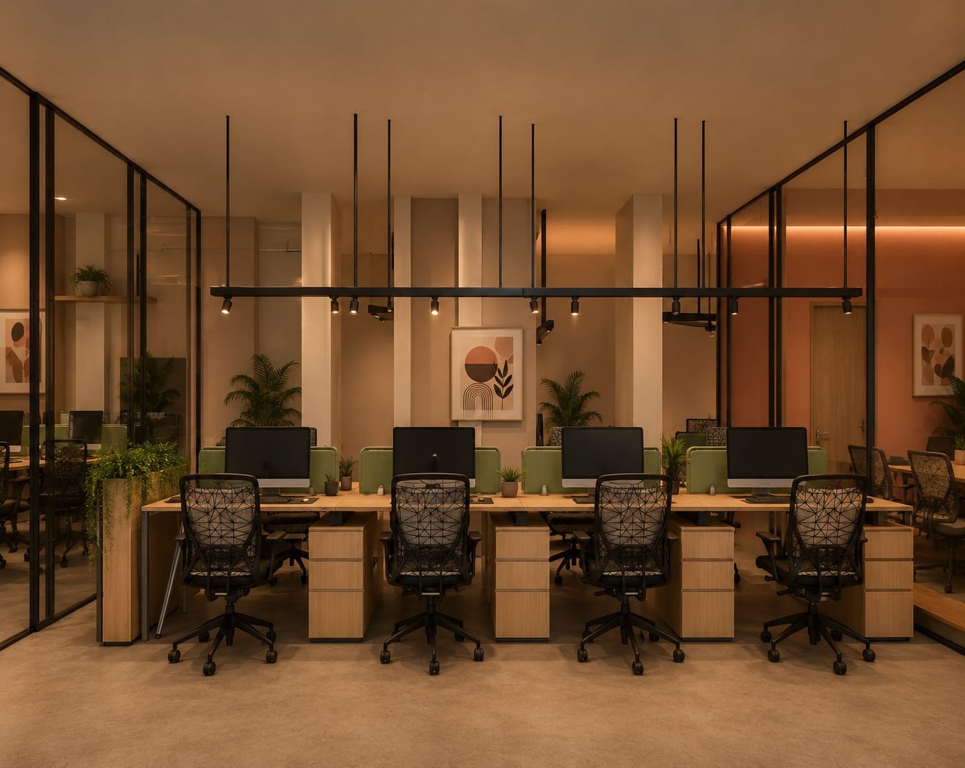 Contemporary boutique office interior with warm timber workstations and glazed partitions in Delhi NCR
