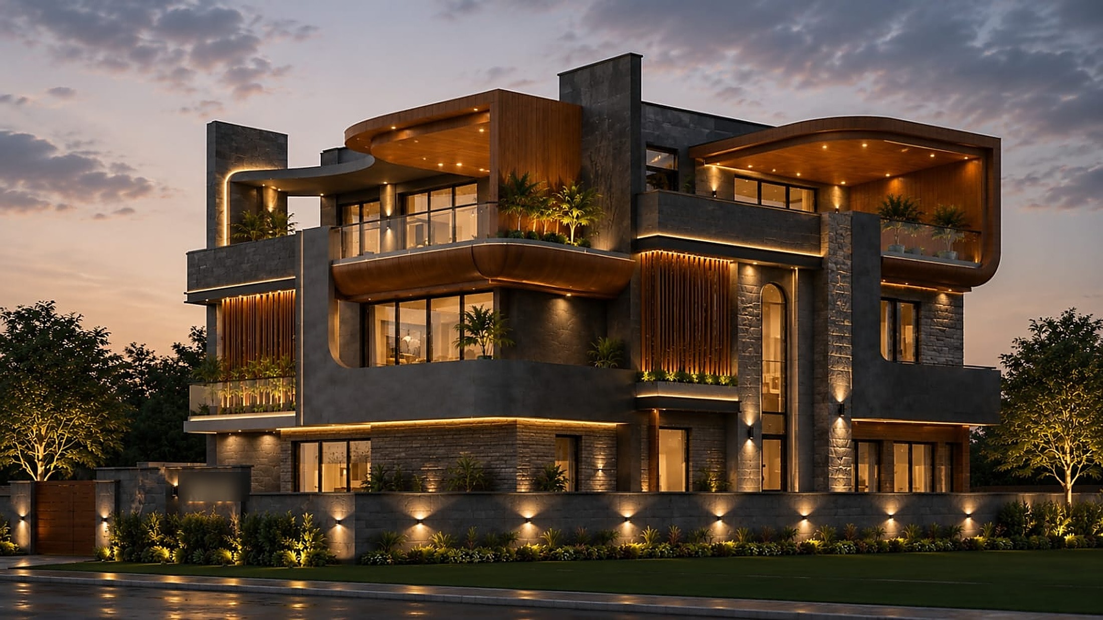 Contemporary luxury villa facade designed by Spaces by Raag, illuminated at dusk in Gurgaon